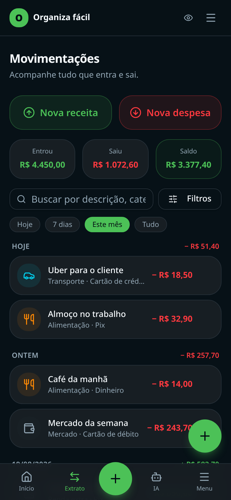 Tela de Movimentações do Organiza Fácil no celular